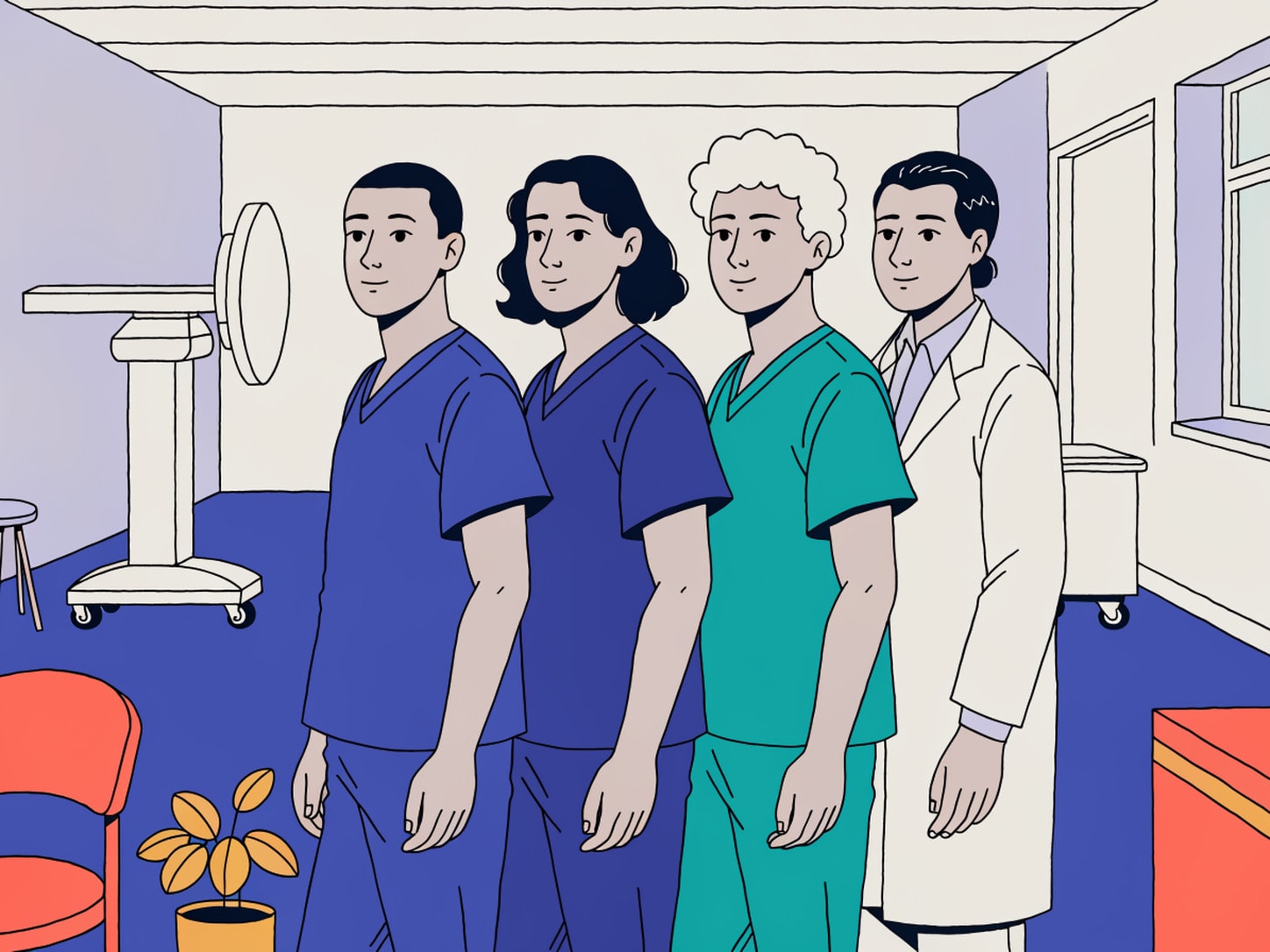 Illustration of a diverse clinical team standing together in a clinic corridor