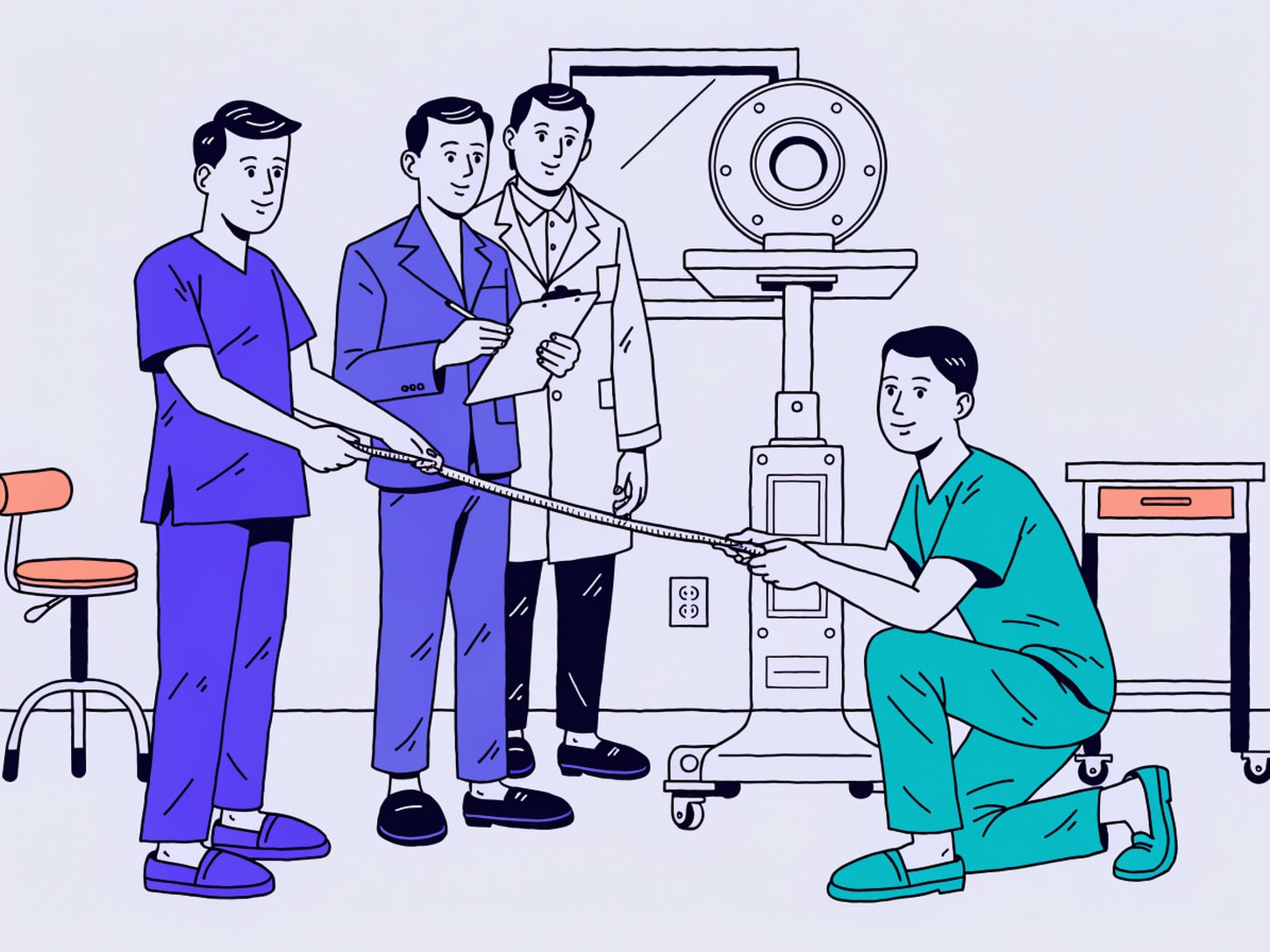 Illustration of a clinical team measuring an exam room during a site assessment