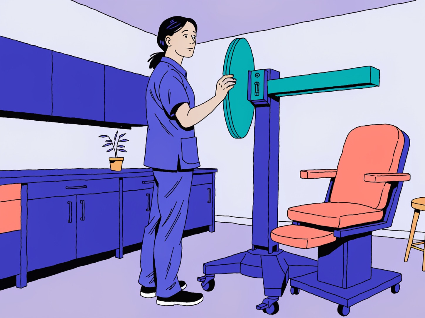 Illustration of a technologist preparing cardiac imaging equipment beside a patient chair inside a Physician office