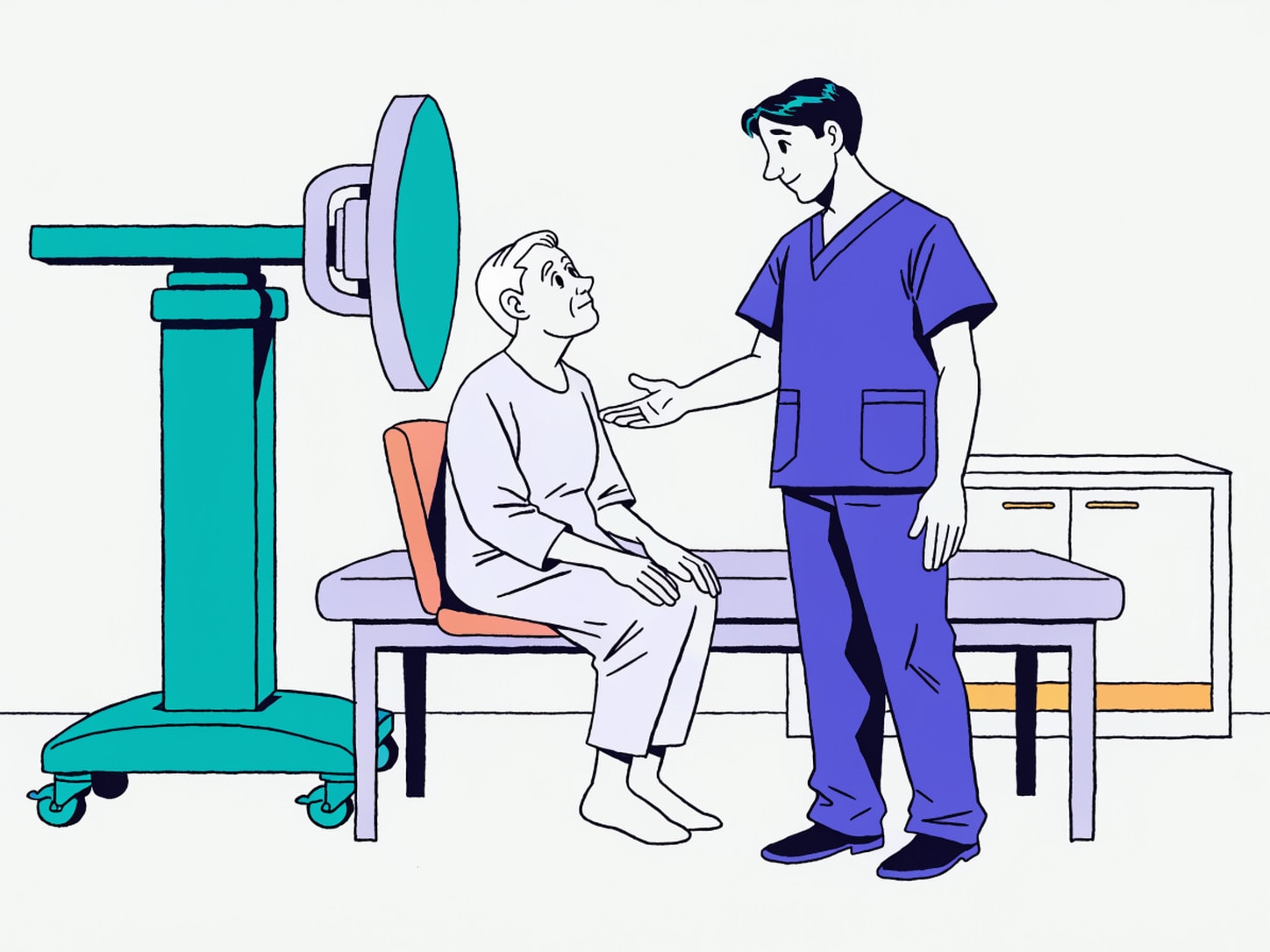 Illustration of a technologist guiding a patient beside cardiac imaging equipment