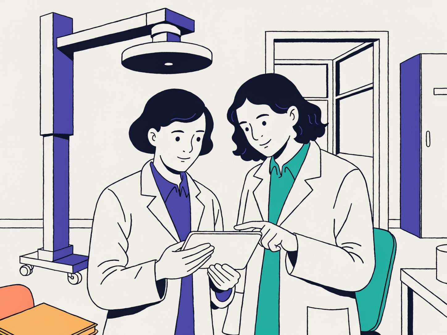 Illustration of two clinical professionals reviewing information on a tablet