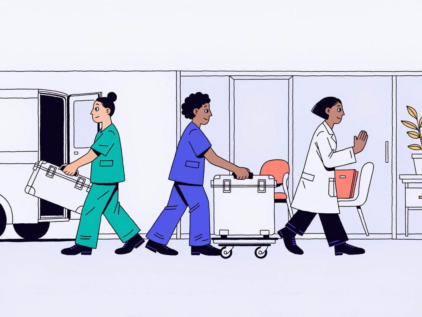 Illustration of clinical imaging professionals in scrubs and a lab coat wheeling equipment from a medical van into a Physician practice