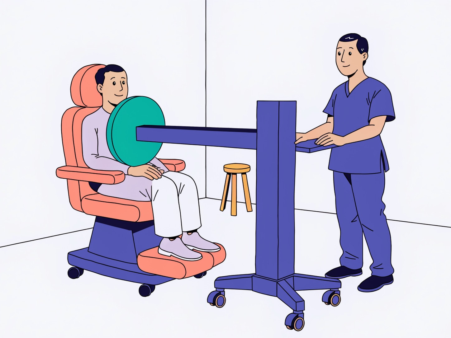 Illustration of a seated patient undergoing cardiac imaging while a technologist operates a SPECT camera beside the chair